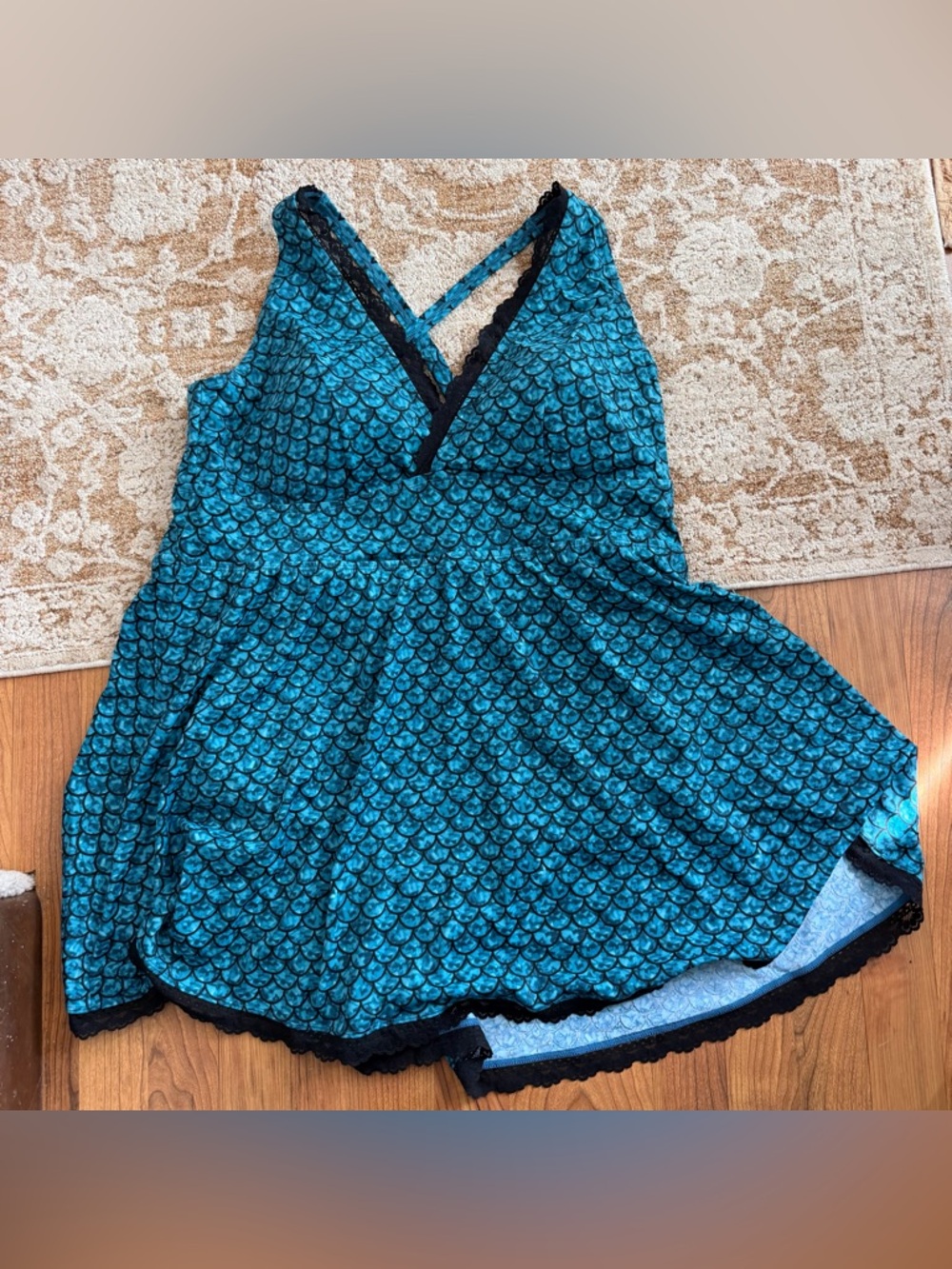 Torrid 3 3X Teal Scallop-Print Sleeveless Swim Dress with Black Lace Trim